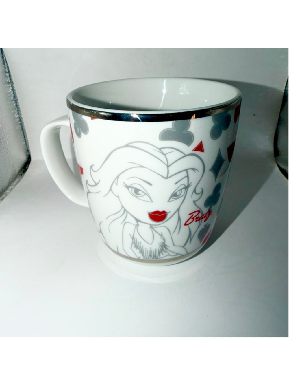 RARE Vintage Bratz Coffee Mug Playing Card Design Silver Rim Red Lips MGA Y2K